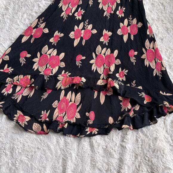 Vintage Y2K abstract rose floral print bias cut ruffle dress black pink Angie S - Picture 7 of 16
